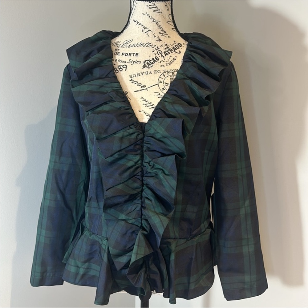NWT Boston Proper Flannel Green Ruffle Top size 14